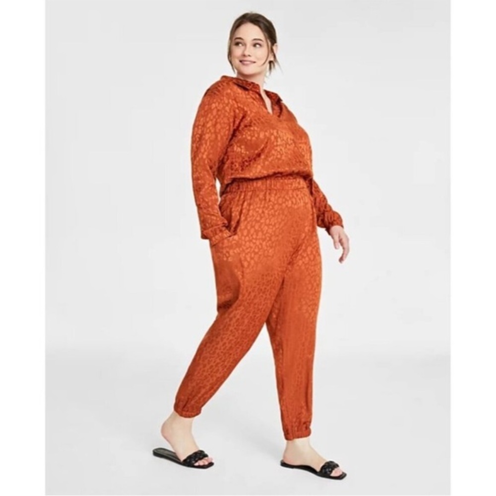 On 34th Satin Animal-Print Jacquard Jumpsuit Toasted Ginger Sz X-Large MSRP$80